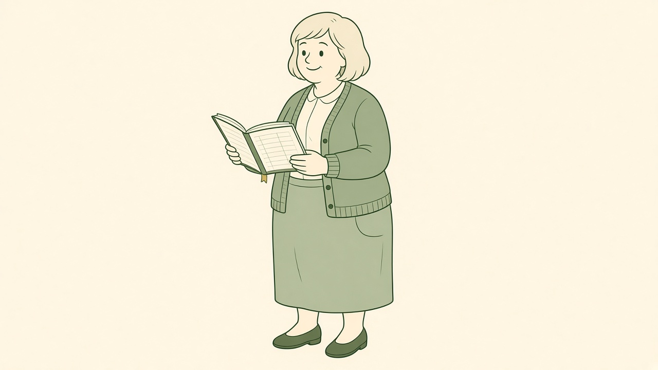 Susie, a middle-aged woman with short blonde hair, holding a green ledger.
